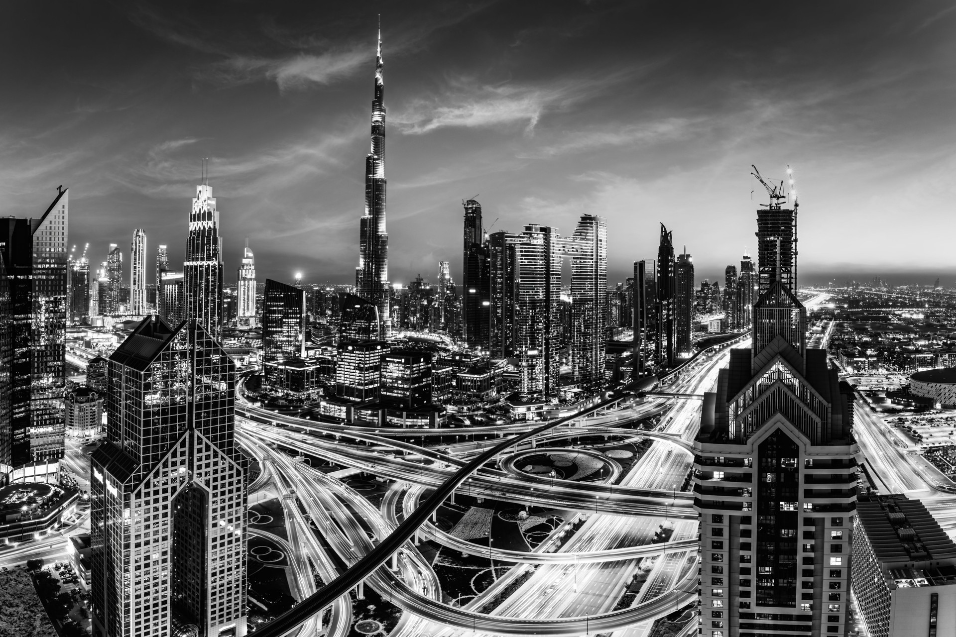 Burj Khalifa in Dubai downtown skyscrapers highrise architecture at night